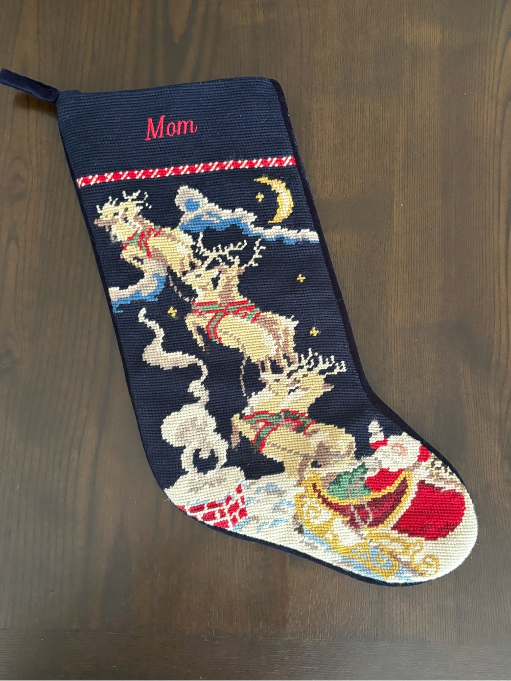 Lands End Needlepoint Christmas Stocking Mom Santa Reindeer 17” Holiday